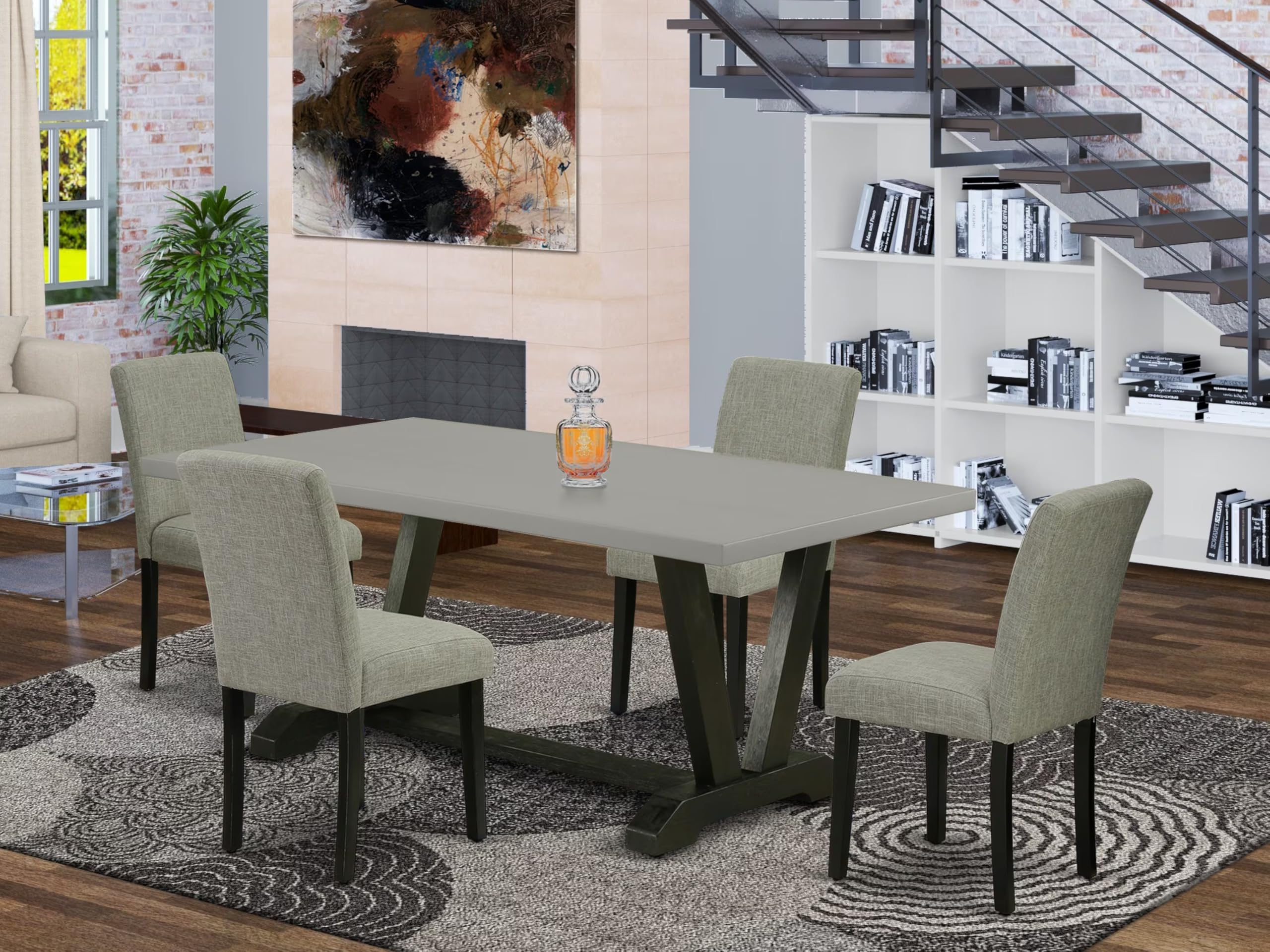 East West Furniture V697Ab106-5 5 Piece Kitchen Table Set For 4 Includes A Rectangle Dining Room Table With V-Legs And 4 Shitake Linen Fabric Parson Dining Chairs, 40X72 Inch, Multi-Color